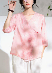 Modern Pink Print Button Summer Ramie Tops - bagstylebliss