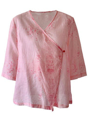 Modern Pink Print Button Summer Ramie Tops - bagstylebliss