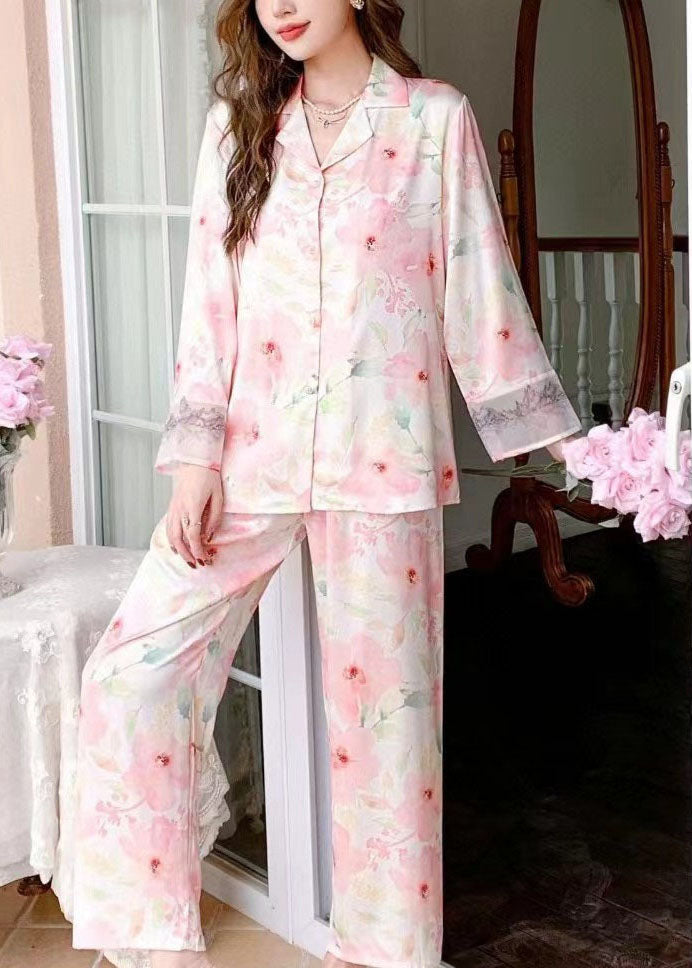 Modern Pink Print Peter Pan Collar Patchwork Ice Silk Pajamas Two Pieces Set Spring