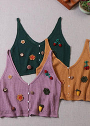 Modern Purple Cute Button Floral Fall Knit Vest - bagstylebliss