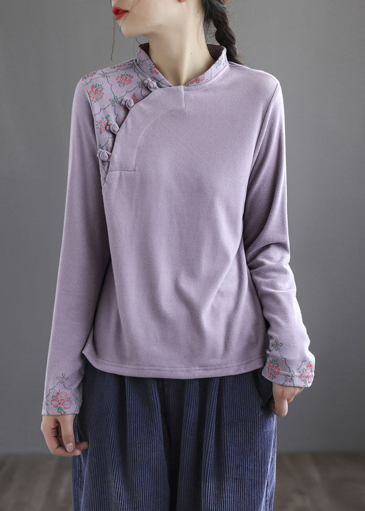 Modern Purple Embroideried Button Floral Fall Cotton Top