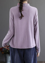 Modern Purple Embroideried Button Floral Fall Cotton Top