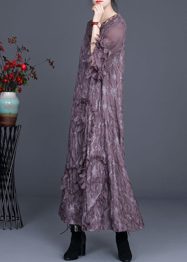 Modern Purple Embroideried Patchwork Fall Dress