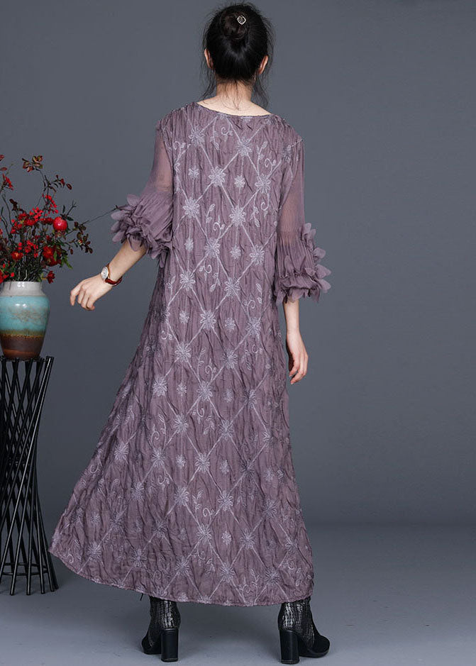 Modern Purple Embroideried Patchwork Fall Dress