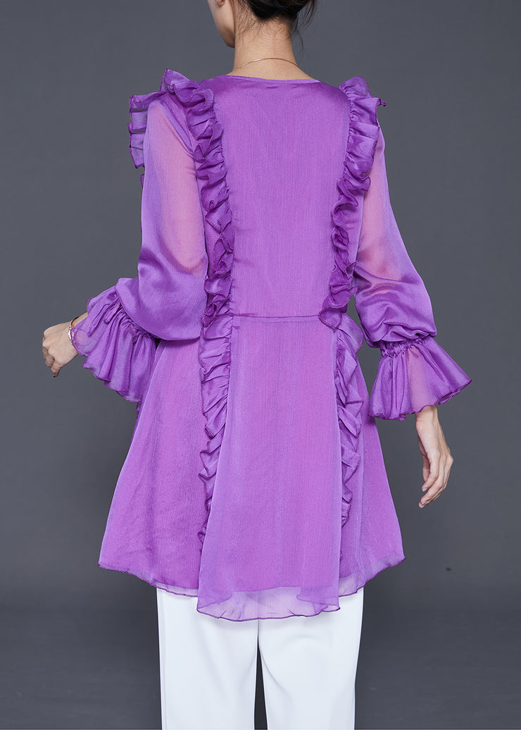 Modern Purple Ruffled Lace Up Chiffon Shirt Fall