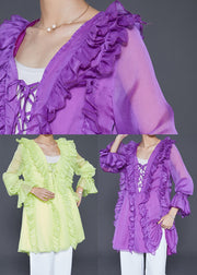 Modern Purple Ruffled Lace Up Chiffon Shirt Fall