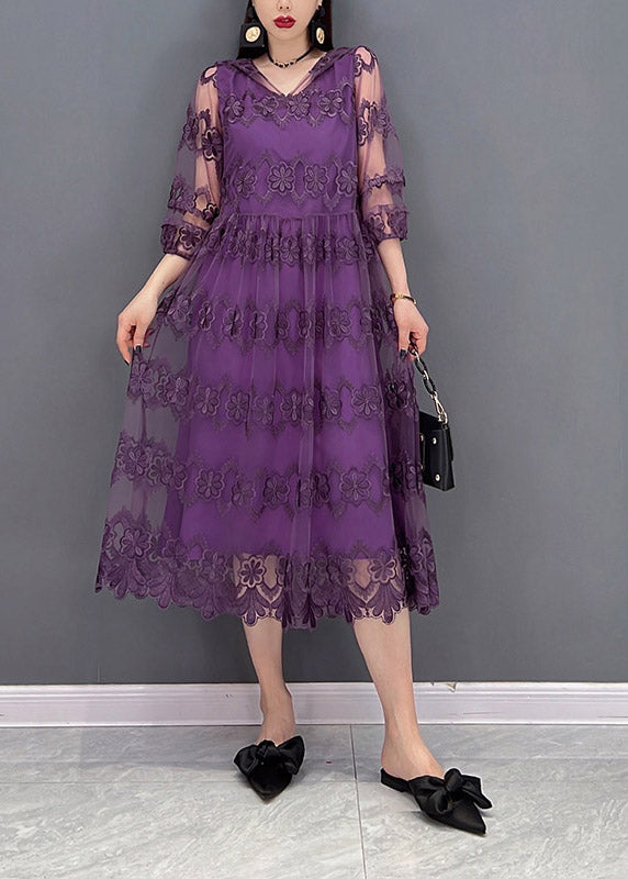 Modern Purple V Neck Embroideried Floral Lace Patchwork Hooded Dress Long Sleeve