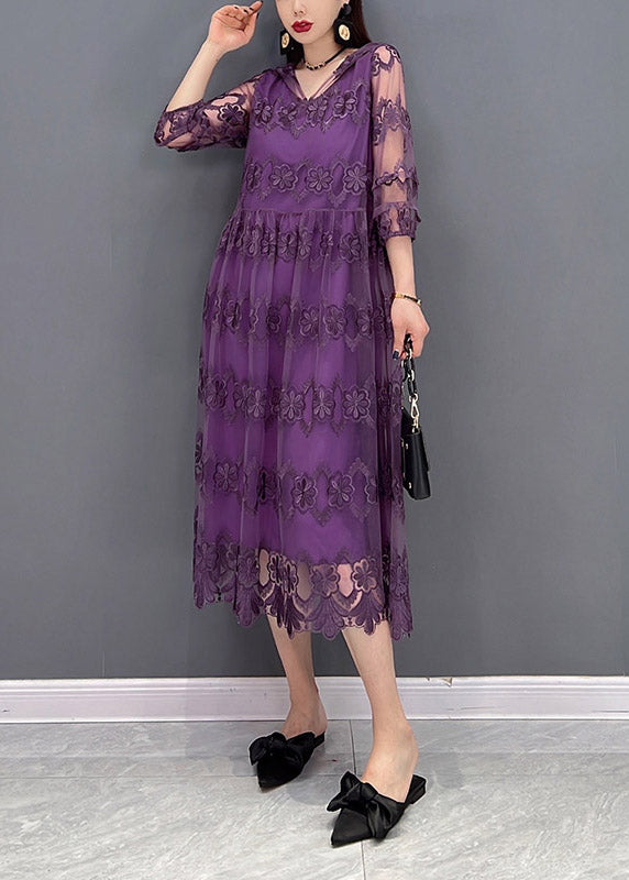 Modern Purple V Neck Embroideried Floral Lace Patchwork Hooded Dress Long Sleeve