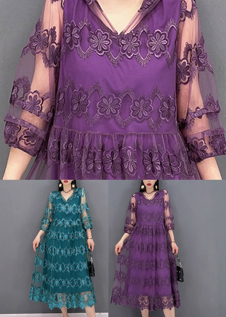 Modern Purple V Neck Embroideried Floral Lace Patchwork Hooded Dress Long Sleeve