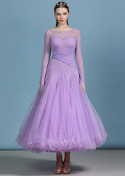 Modern Purple Zircon Tulle Patchwork Exra Large Hem Dance Dress Long Sleeve