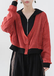 Modern Red Colorblock Patchwork Linen Fake Two Piece Coats Long Sleeve