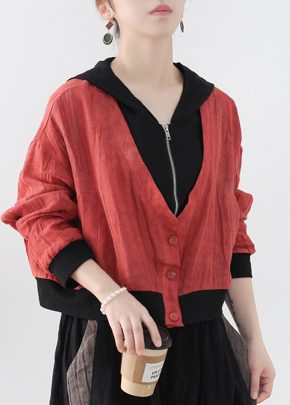 Modern Red Colorblock Patchwork Linen Fake Two Piece Coats Long Sleeve