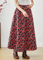 Modern Red Floral Print Exra Large Hem Cotton Skirts Fall