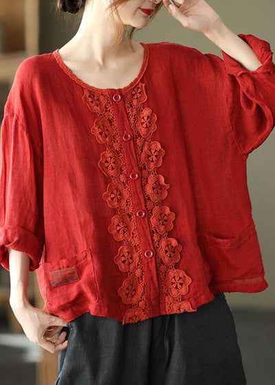 Modern Red Hollow Out Embroideried Pockets Fall Long Sleeve Shirt Tops - bagstylebliss