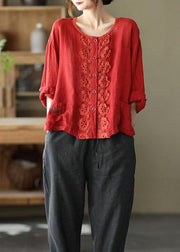 Modern Red Hollow Out Embroideried Pockets Fall Long Sleeve Shirt Tops - bagstylebliss