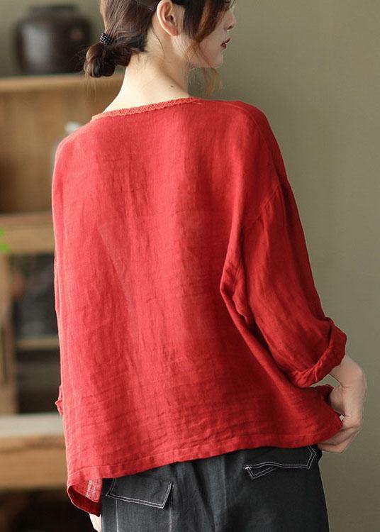 Modern Red Hollow Out Embroideried Pockets Fall Long Sleeve Shirt Tops - bagstylebliss