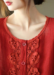 Modern Red Hollow Out Embroideried Pockets Fall Long Sleeve Shirt Tops - bagstylebliss