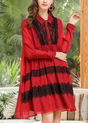 Modern Red Patchwork Peter Pan Collar Chiffon Summer Dresses - bagstylebliss