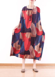 Modern Red Print O-Neck Loose Long Chiffon Dress - bagstylebliss