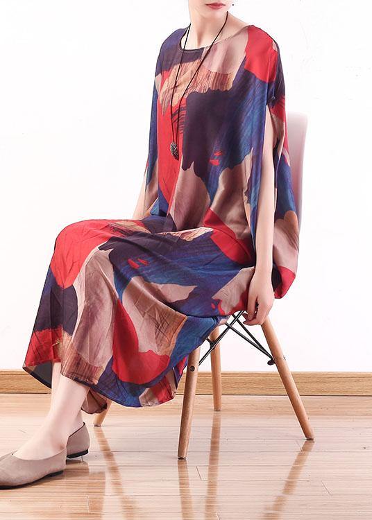 Modern Red Print O-Neck Loose Long Chiffon Dress - bagstylebliss