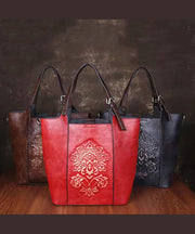 Modern Red Rubbing embossing Paitings Calf Leather Tote Handbag