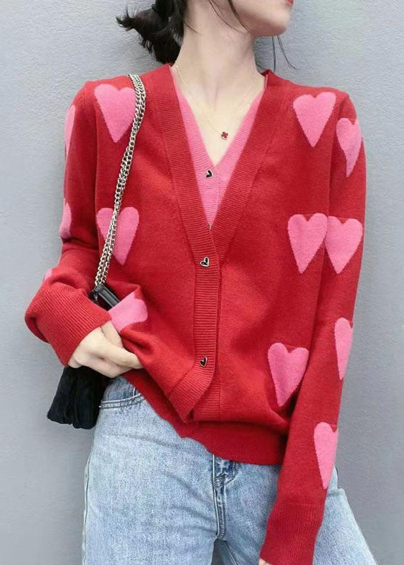 Modern Red V Neck Patchwork Love Jacquard Knit Fake Two Piece Cardigan Spring