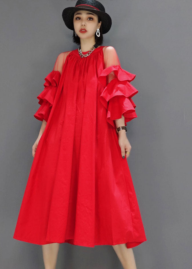 Modern Red wrinkled tulle Patchwork a line skirts Butterfly Sleeve