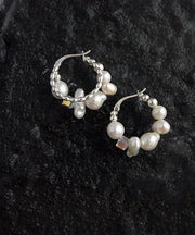 Modern Silk Sterling Silver Asymmetricar Crystal Pearl Hoop Earrings