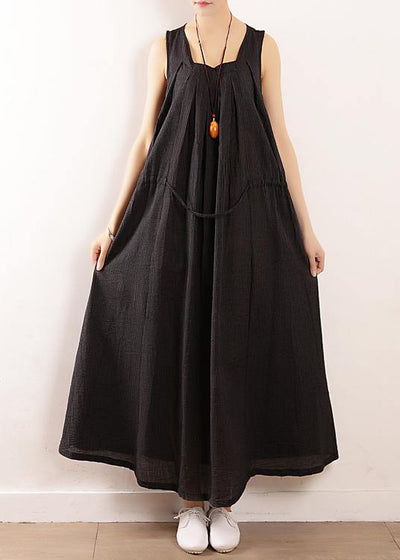 Modern Sleeveless drawstring linen clothes plus size design black cotton Dress Summer - bagstylebliss