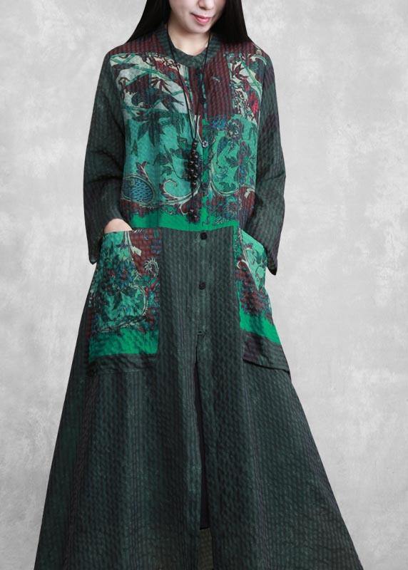 Modern Stand Collar Spring Tunics Sewing Green Print A Line Dress - bagstylebliss