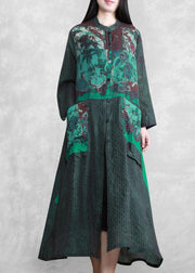 Modern Stand Collar Spring Tunics Sewing Green Print A Line Dress - bagstylebliss