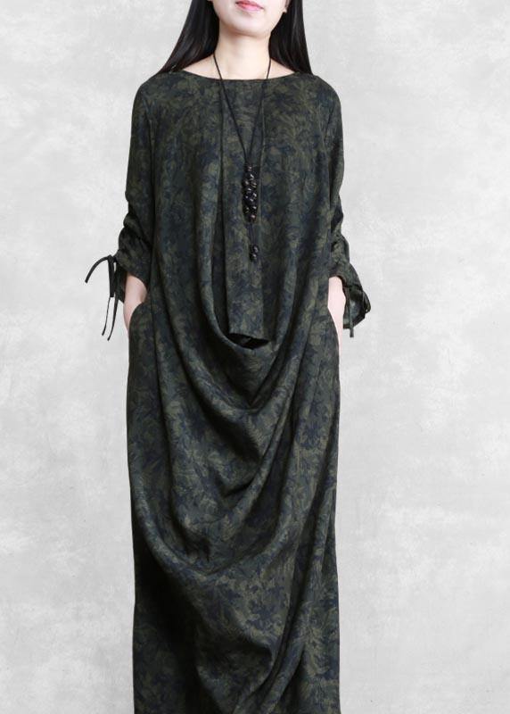 Modern V Neck Asymmetric Spring Clothes For Women Design Green Print Loose Dress - bagstylebliss