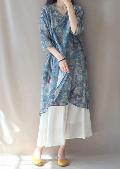 Modern V Neck Half Sleeve Quilting Dresses Pattern Blue Print Robes Dress - bagstylebliss