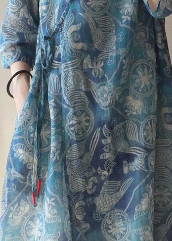 Modern V Neck Half Sleeve Quilting Dresses Pattern Blue Print Robes Dress - bagstylebliss