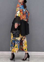 Modern V Neck Print Tulle Patchwork Chiffon Tops And wide leg pants Two Pieces Set Spring