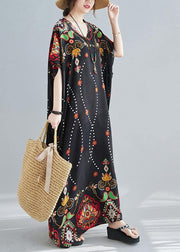 Modern V Neck Spring Clothes Women Wardrobes Black Print Maxi Dress - bagstylebliss