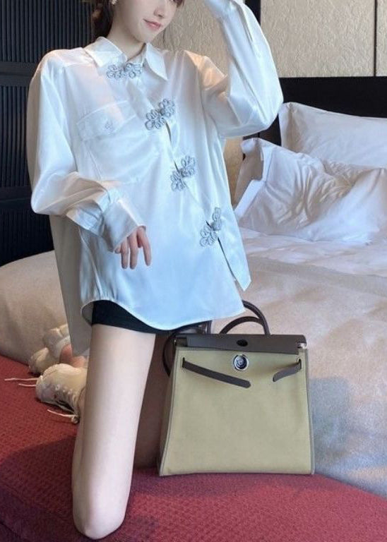 Modern White Asymmetrical Chinese Button Silk Blouse Tops Fall