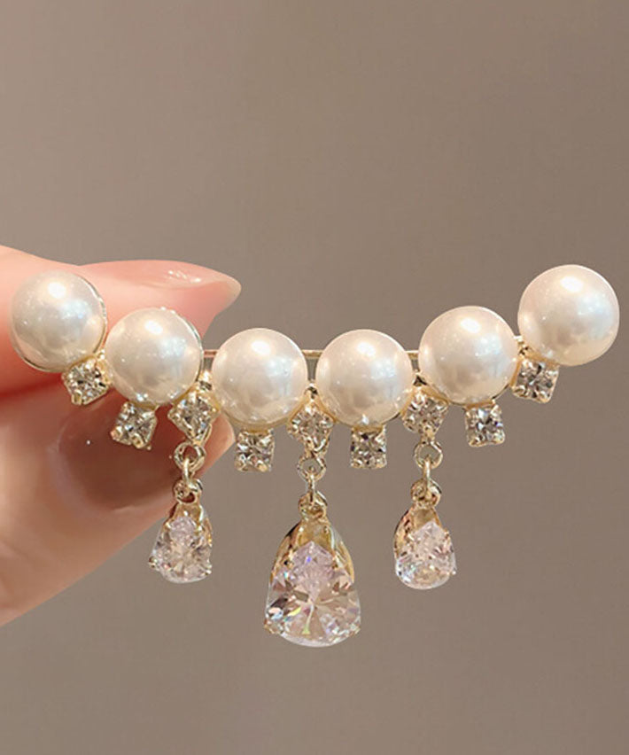 Modern White Crystal Pearl Tassel Brooches