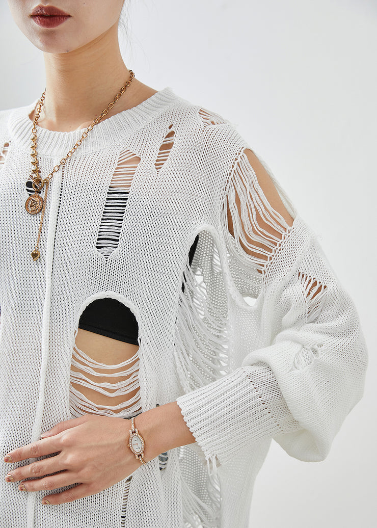 Modern White Hollow Out Knit Ripped Tops Fall