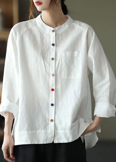 Modern White Loose Patchwork Pockets Fall Long Sleeve Blouse Top - bagstylebliss