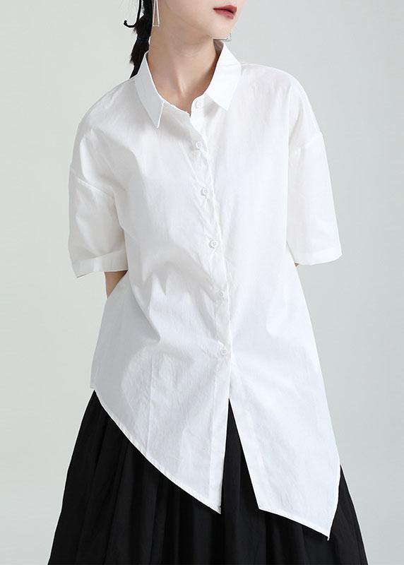Modern White Patchwork Asymmetrical Design Summer Cotton Blouses Half Sleeve - bagstylebliss