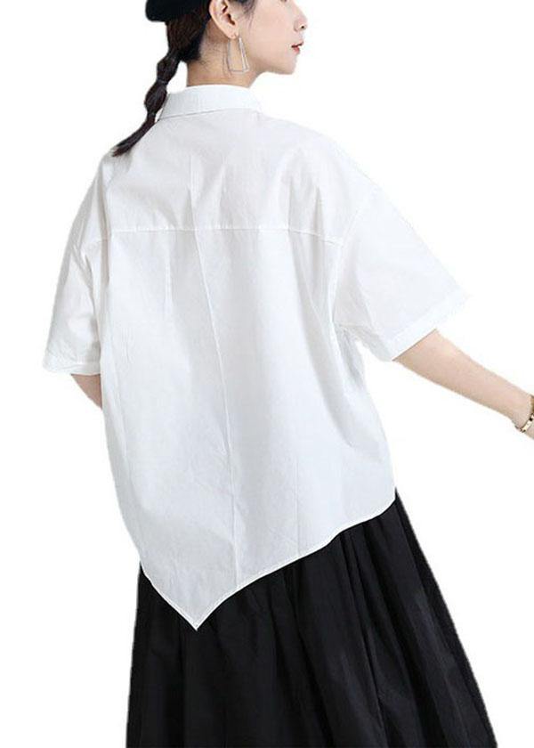 Modern White Patchwork Asymmetrical Design Summer Cotton Blouses Half Sleeve - bagstylebliss