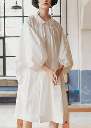 Modern White Peter Pan Collar Button Cotton Long Dress Long Sleeve