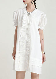 Modern White Puff Sleeve Button Summer Ruffled Dress Short Sleeve - bagstylebliss