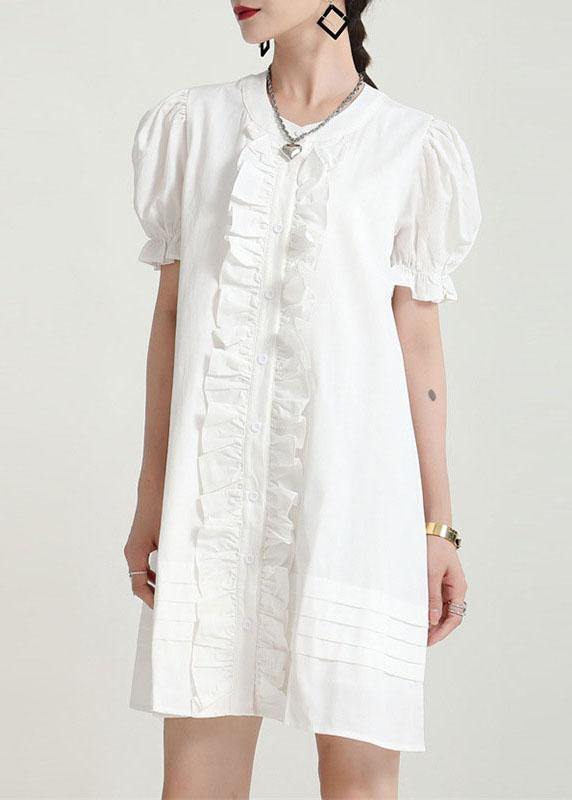 Modern White Puff Sleeve Button Summer Ruffled Dress Short Sleeve - bagstylebliss