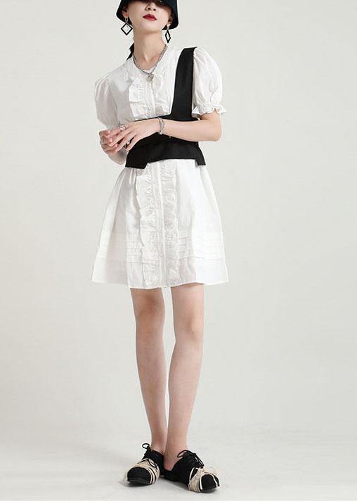 Modern White Puff Sleeve Button Summer Ruffled Dress Short Sleeve - bagstylebliss