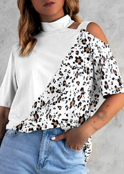 Modern White Stand Collar Leopard Patchwork One Shoulder Design Cotton Top Short Sleeve