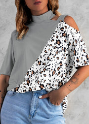 Modern White Stand Collar Leopard Patchwork One Shoulder Design Cotton Top Short Sleeve