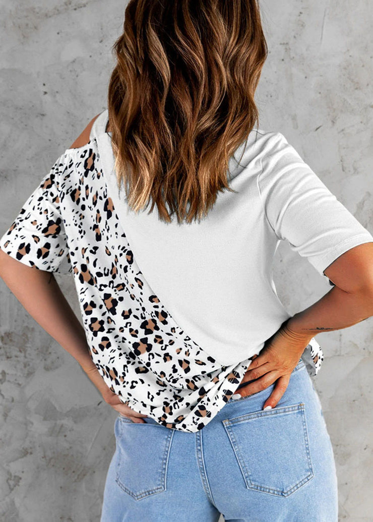 Modern White Stand Collar Leopard Patchwork One Shoulder Design Cotton Top Short Sleeve