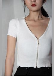 Modern White zippered V Neck Shirt Tops Summer - bagstylebliss